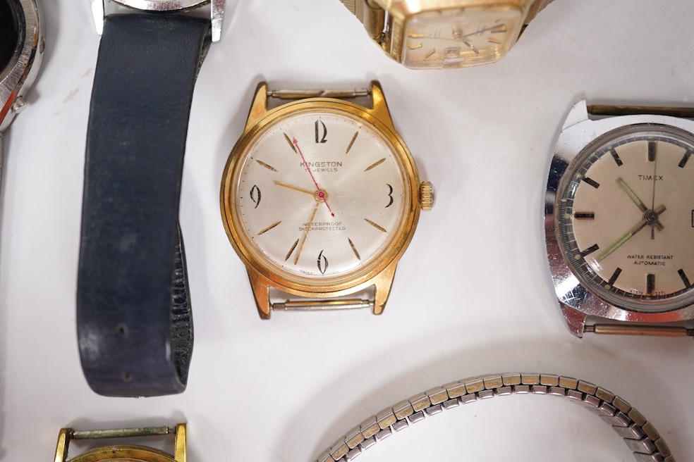 A collection of seven gentleman's assorted mainly steel wrist watches including two Tissot, a Timex, Ingersoll, Montine, Kingston and Sekonda, together with six assorted lady's mainly steel wrist watches including Seiko,